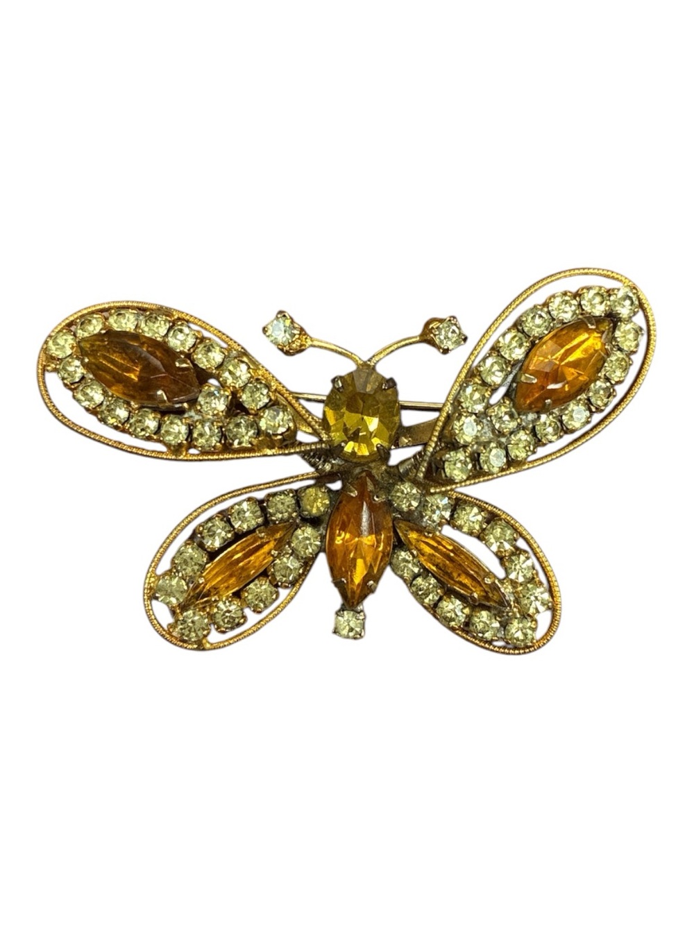 Unsigned Gold-Tone Orange Rhinestone Trembler Butterfly Brooch